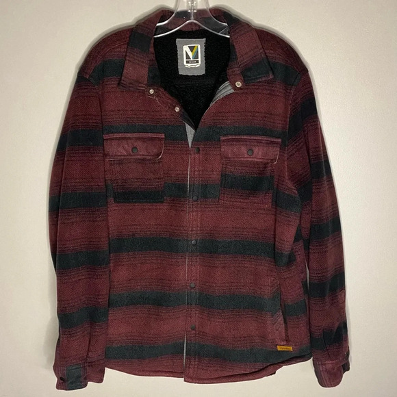 Voyager Men's Remote Plaid Fleece Shirt Jacket Large black maroon Sherpa - Picture 1 of 9